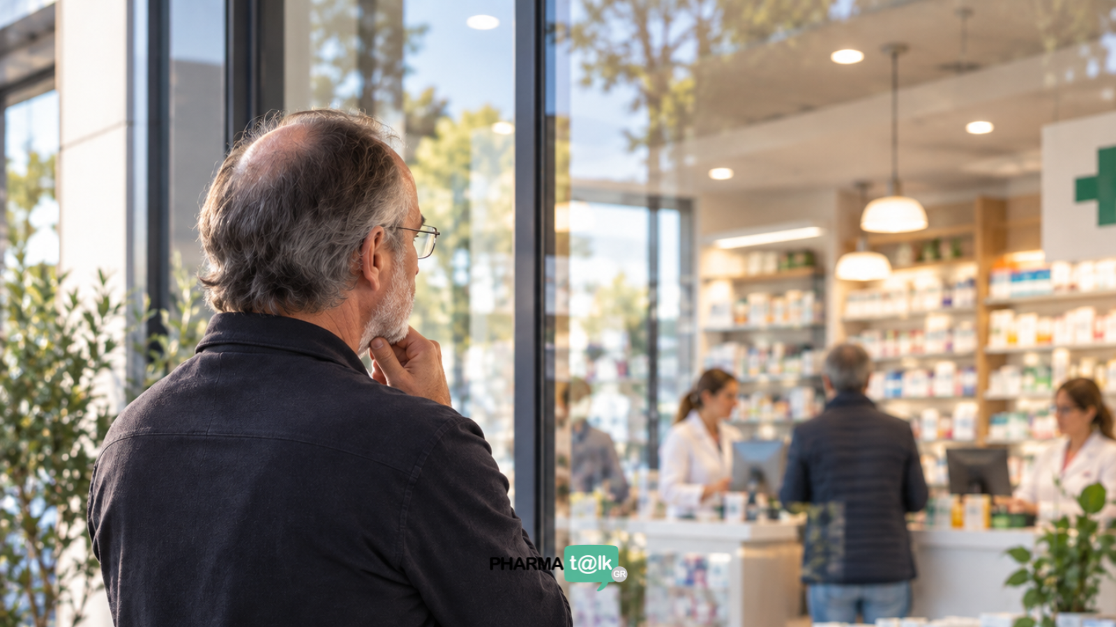 Άνδρας παρατηρεί το εσωτερικό ενός σύγχρονου κοινοτικού φαρμακείου